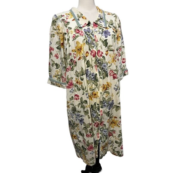 Vintage Smart Time Floral Zip Front Night Gown Robe Sz Large Womens Collared Bei - Picture 5 of 12
